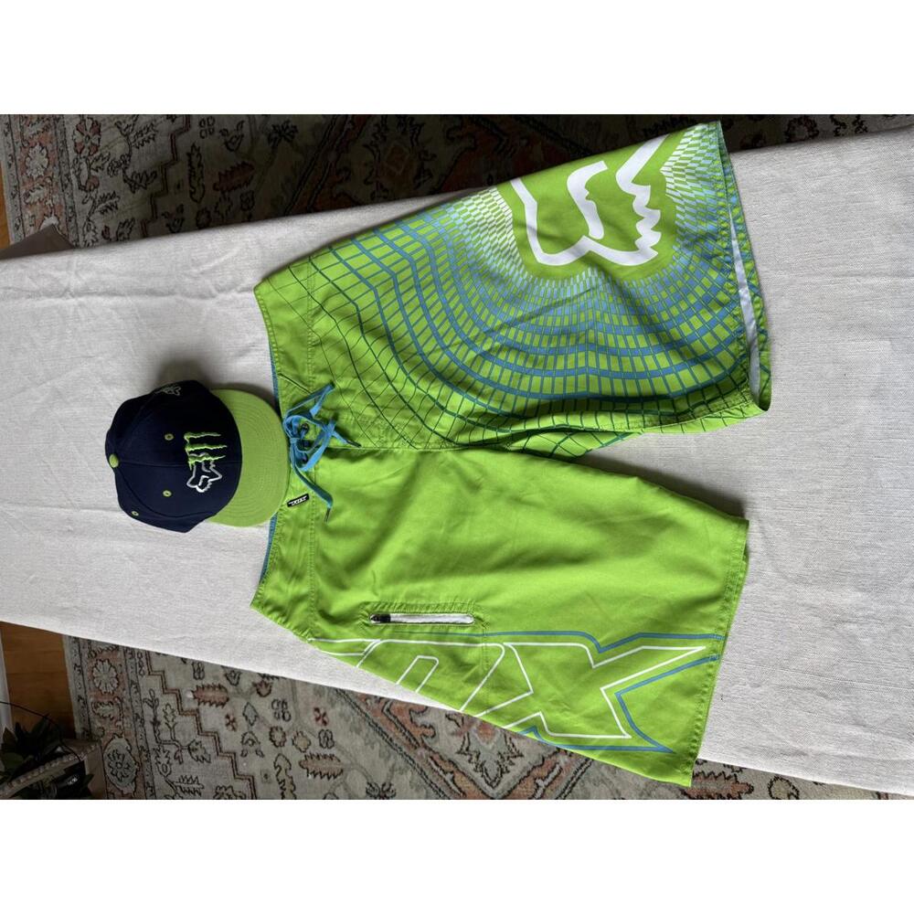 Vintage Fox Racing Board Shorts Size 36 & Vintage Fox/Monster SnapBack Hat - Picture 1 of 9